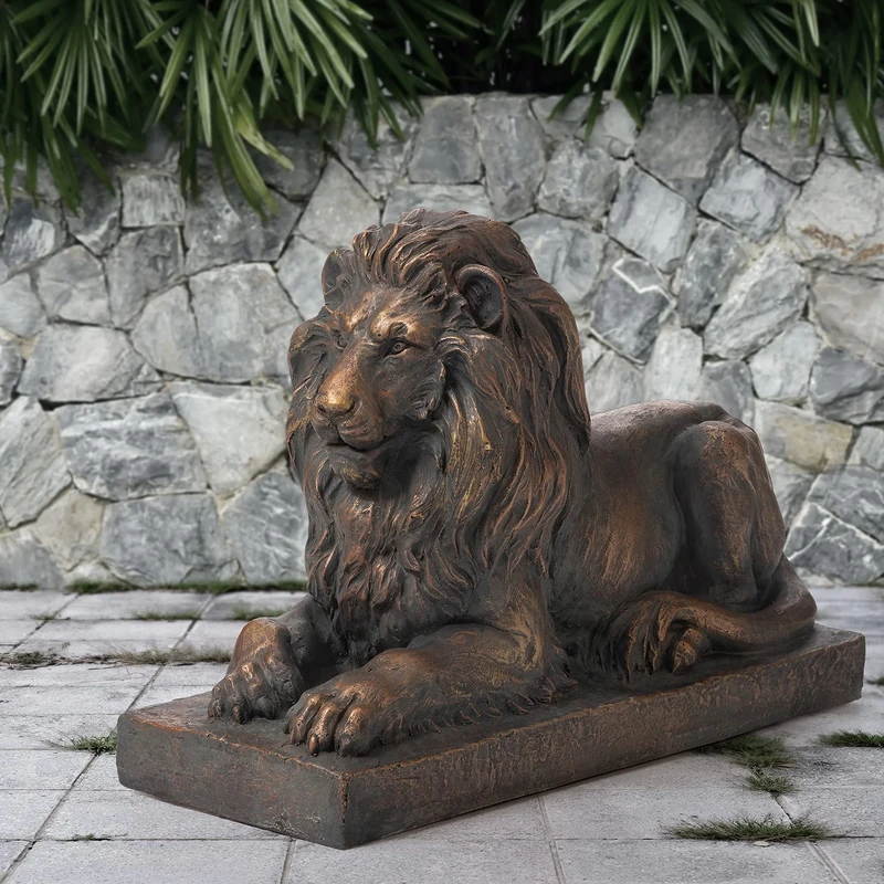 Glitzhome GH20388 Guardian Lion Garden Statue Outdoor Sculpture Decorative, Bronze, 21.75" L x 15.25" H
