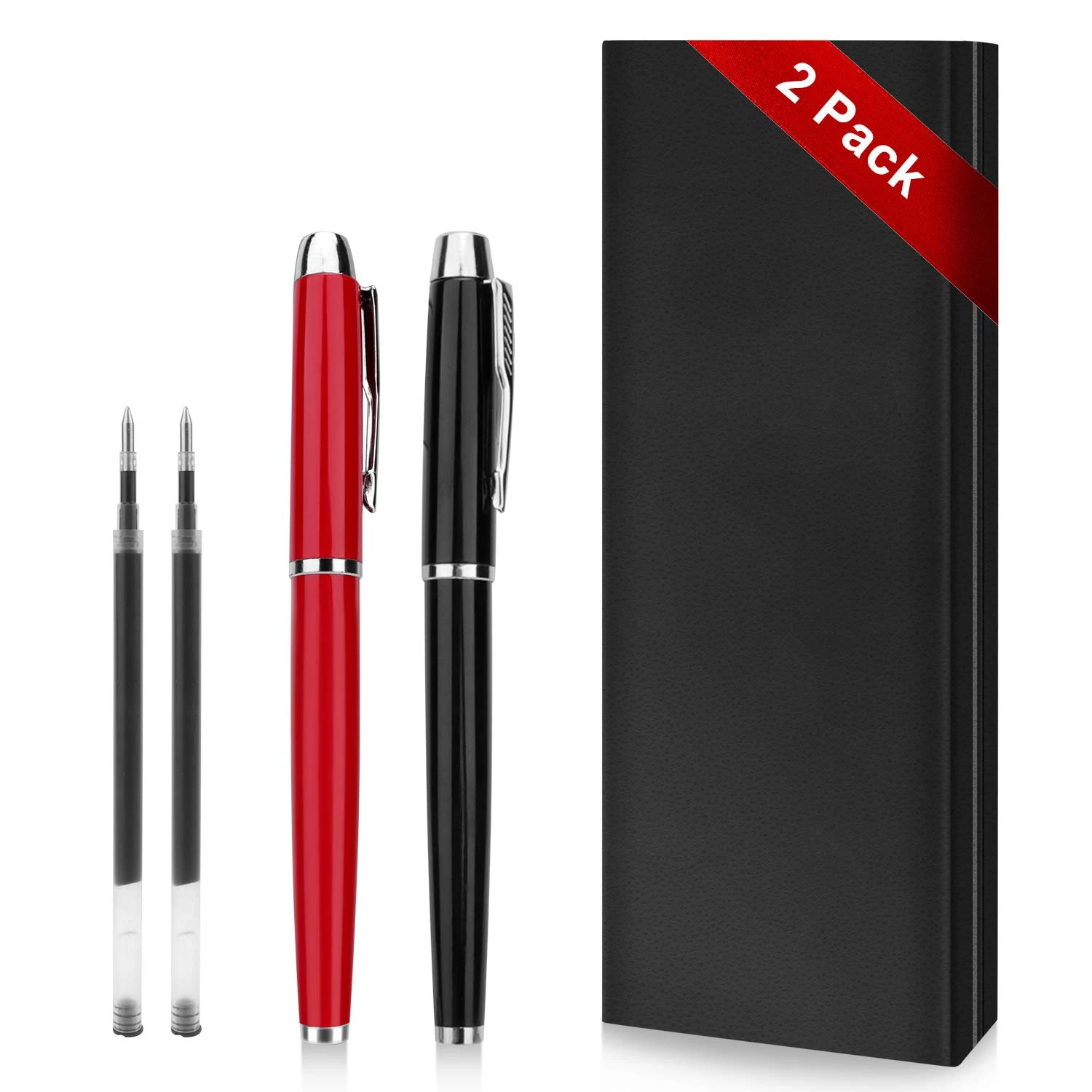 Rollerball Pen - 2 Pack of Ballpoint Ball Pen for Men Women Executive Business Office School Use,Executive Nice Pens for Business Birthday Gift with Gift Box,2 extra 0.5 mm Refills(Red and Blue)