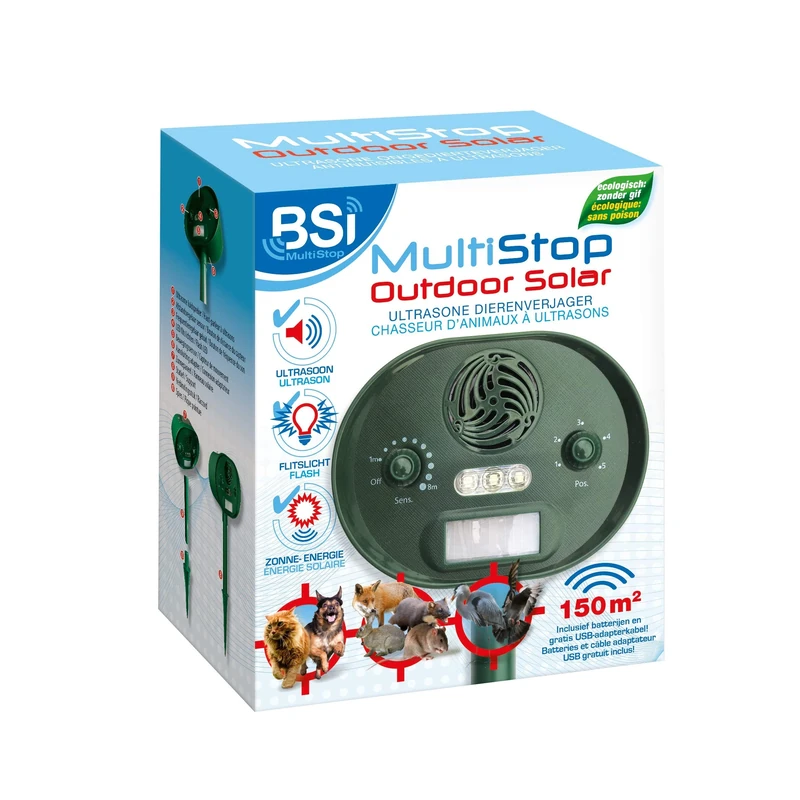 BSI - Ultrasonic and Solar Flash Repellent Against Pests - Covers an Outdoor Area of 150 m² - Effective on Dogs, Cats, Game and Volatiles