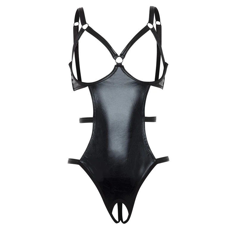 Lovehoney Lingerie Fierce Collection Black Wet Look Open Cup Body - One Size (8-16) - Image 1