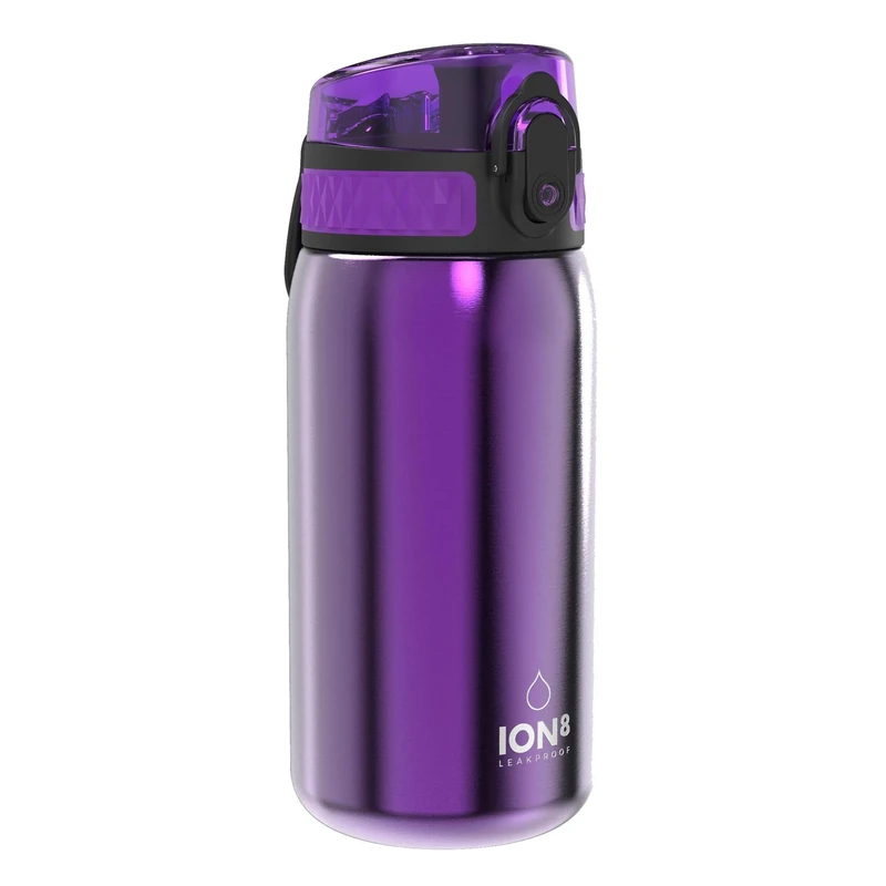 Ion8 Lightweight Steel Kids Water Bottle, 400ml/13oz, Non-Insulated, Leak Proof, Easy to Open, Secure Lock, Dishwasher Safe, Fits Cup Holders, Carry Handle, Metal Water Bottle, Metallic Purple