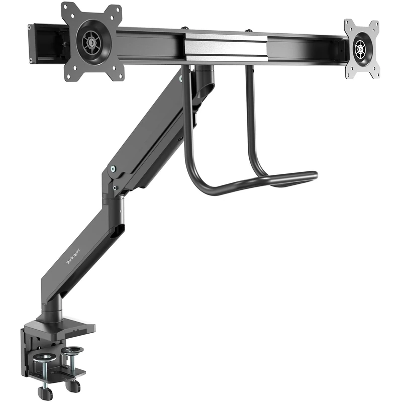 StarTech.com Desk Mount Dual Monitor Arm - Ergonomic Monitor VESA Mount 32" (17.6lb/8kg) Displays - Crossbar Handle for Synchronized Full Motion - Height Adjustable - C-Clamp/Grommet (ARMSLMBARDUO)
