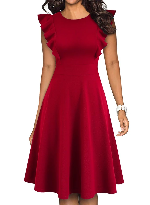 YATHON Women's Vintage Ruffle Floral Flared A Line Swing Casual Cocktail Party Dresses, Yt001-red, XL