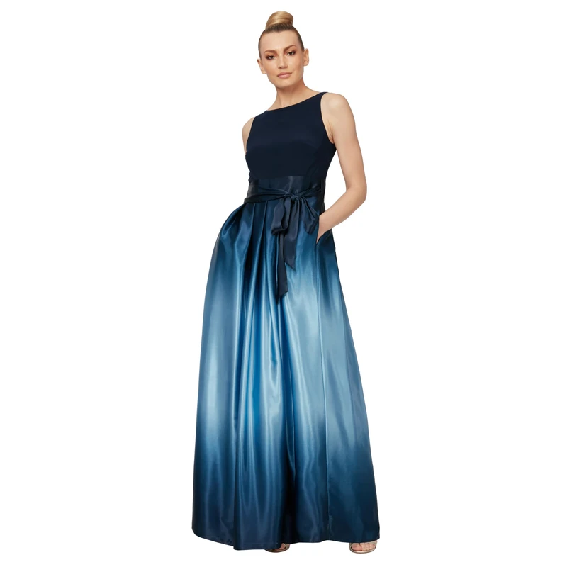 S.L. Fashions Women's Long Satin Mother of The Bride Dress with Pockets, Formal Party Gown (Petite and Regular Sizes) Special Occasion, Navy/Wedgewood, 14