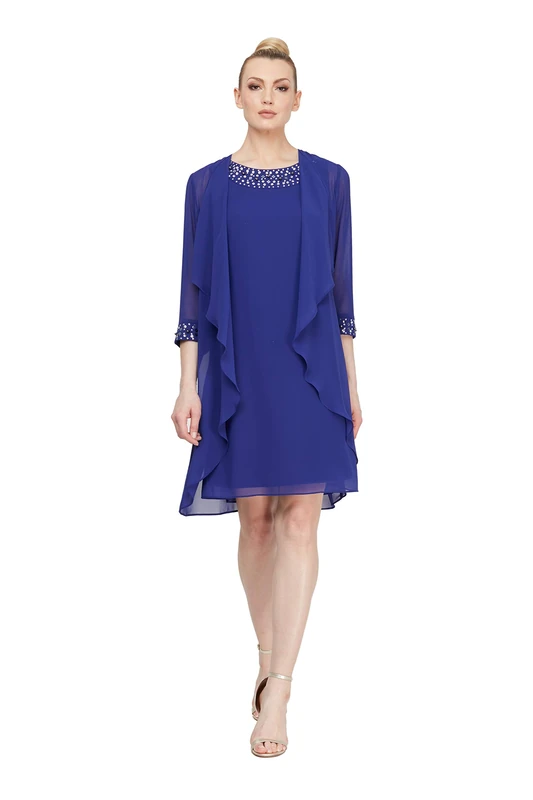 S.L. Fashions Women's Chiffon Tier Jacket Dress with Bead Neck Special Occasion, Iris Petite, 16 UK