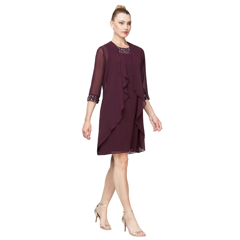 S.L. Fashions Women's Chiffon Tier Jacket Dress with Bead Neck Special Occasion, Aubergine, 20