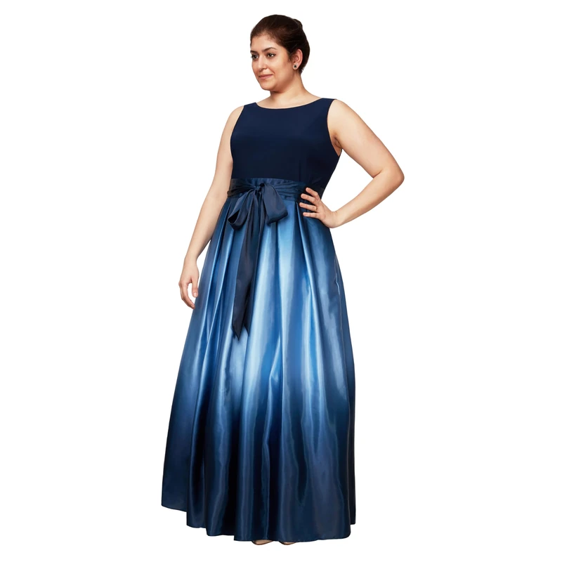 S.L. Fashions Women's Plus Size Sleeveless Long Satin Party Dress with Pockets Special Occasion, Navy/Wedgewood, 22