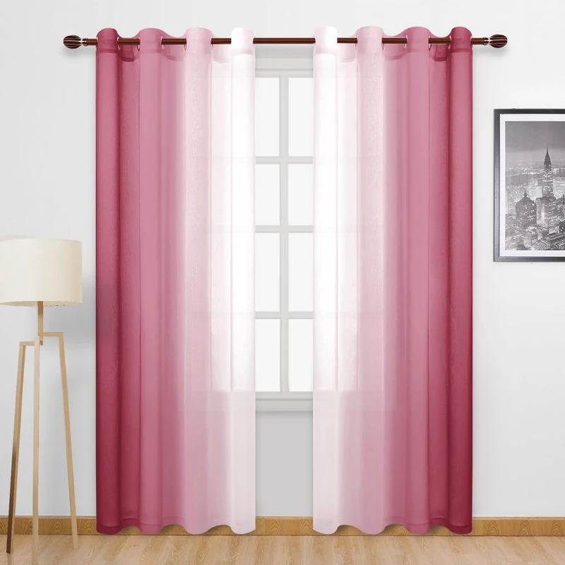 DWCN Transparent Ombre Curtains Faux Linen Semi Voile Gradient for Bedroom Living Room 132 x 213 cm Length Set of 2 Window Panels Burgundy
