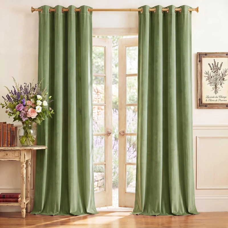 StangH Velvet Curtains Blackout - 96 inches Length Olive Green Curtains for Home Holiday Decor, Room Darkening Thermal Insulated Grommet Window Treatment Set for French Foyer Door, W52 x L96, 2 Panels