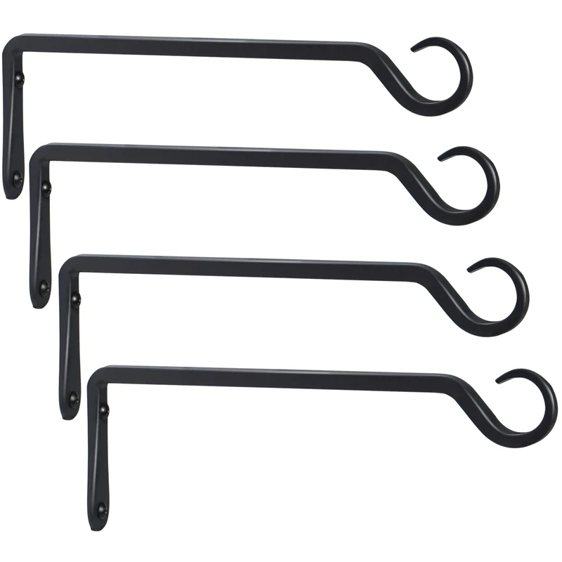 AILIN YELOKIE 4 Pack Premium Forged Wall Hook, Sturdy Hanging Plant Bracket, Elegant Hook for Bird Feeders, Planters, Lanterns, Wind Chimes Indoor Outdoor, Upgrade Black, 12 Inch.