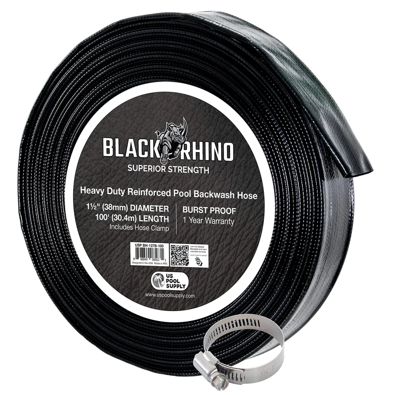 U.S. Pool Supply Black Rhino 1-1/2" x 100' Pool Backwash Hose with Hose Clamp - Extra Heavy Duty Superior Strength, Thick 1.2mm (47mils) - Weather Burst Resistant - Drain Clean Swimming Pools, Filters