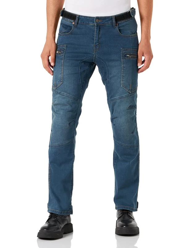 REBELHORN Urban III Motorcycle Jeans Men | Aramid Fiber Lining | Knee and Hip Protectors | Ventilation Holes | 7 Pockets | Loose Fit Classic Blue
