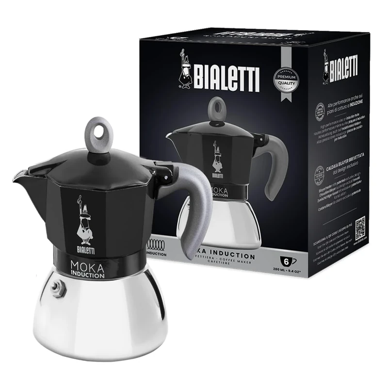 Bialetti New Moka Induction Induction Coffee Pot, 6 Cups, 280 ml, Aluminium, Black