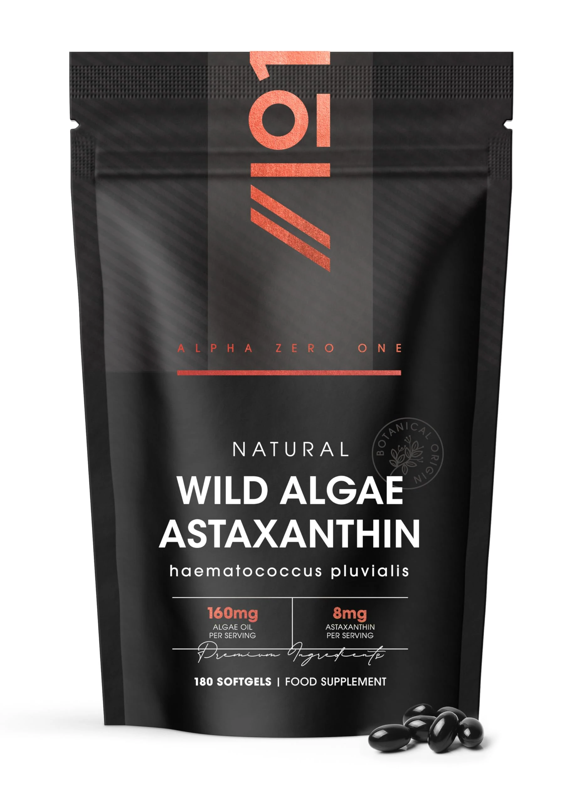 Wild-Algae Astaxanthin 160mg - High Strength Providing 8mg Astaxanthin Antioxidant - 180 Softgels - Resealable and Recyclable Pouch by Alpha01