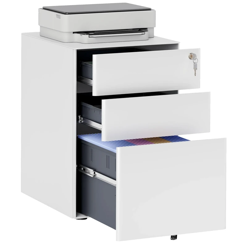 Vinsetto 3-Drawer Mobile Filing Cabinet, Steel Lockable File Cabinet for A4, Legal, Letter, Compact Under Desk Storage Unit with Pre-Assembled Body Except Wheels for Home Office, 39 x 48 x 59cm, White