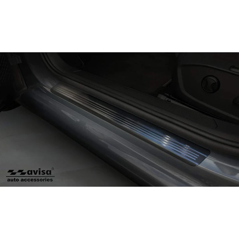 Avisa Black Inox door sill protectors compatible with Volkswagen Golf VIII HB/Variant 2020-2024 & FL 2024- Brushed Steel 'Lines' - 4-pieces