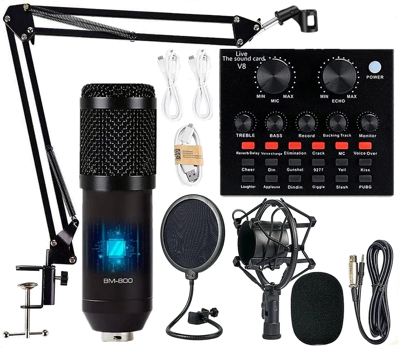 Podcast Equipment Bundle, BM-800 Mic Kit with Live Sound Card, Adjustable Mic Suspension Scissor Arm, Metal Shock Mount and Double-Layer Pop Filter for Studio Recording & Broadcasting (CF200-Black)