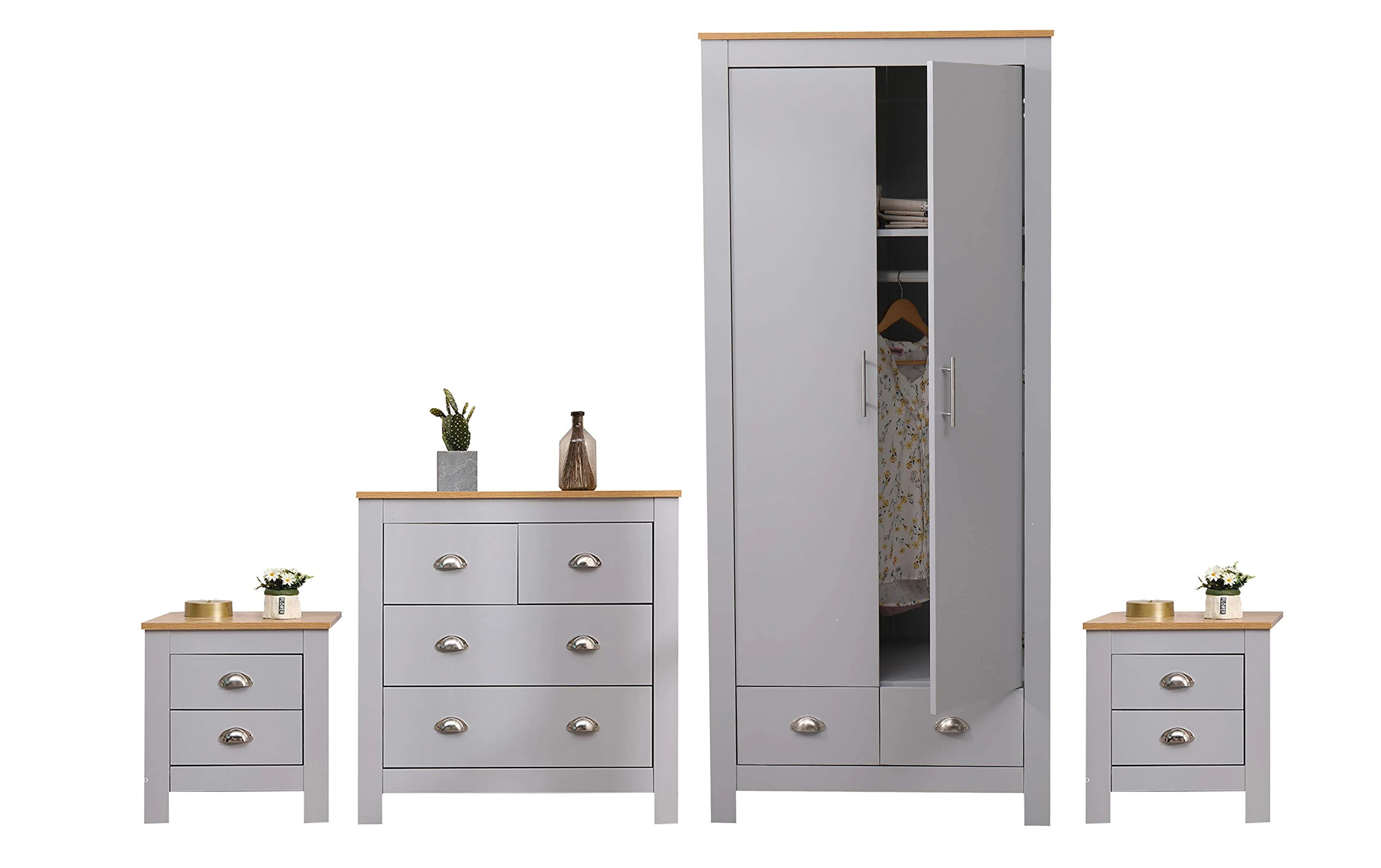 Kingwudo® Grey Bedroom Furniture 4 Piece Set(2 Drawer Night Stand*2/2+2 Drawer Chest/2 Door 2 Drawer Wardrobe) Modern Simple,45x35x48cm/79x35x81cm/79x49.5x180cm