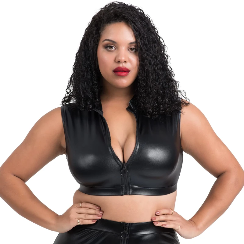 Lovehoney Lingerie Fierce Collection Plus Size Black Wet Look Zip Up Crop Top - Stretchy Light Reflecting Fabric - Size 22-24