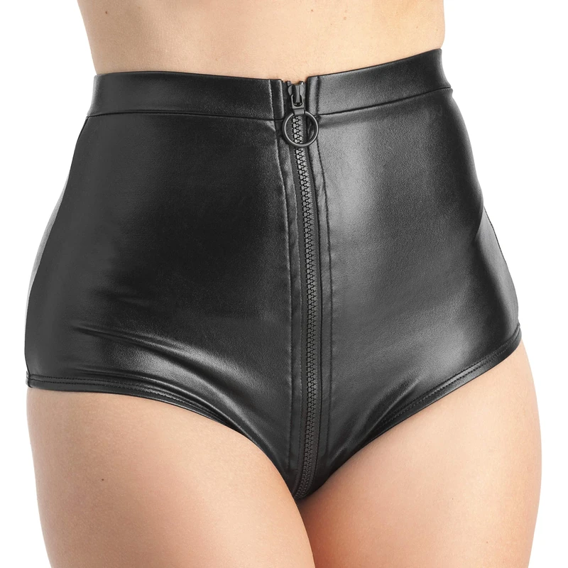 Lovehoney Lingerie Fierce Collection Black Wet Look High Waisted Zipped Knickers - Stretchy Light Reflecting Fabric - Size 14-16