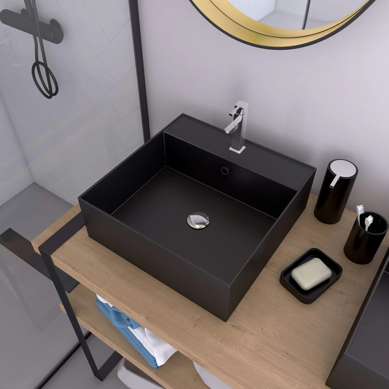 Squary Dark Square Ceramic Basin Sink 41 x 41 x 15 cm Black - Image 1