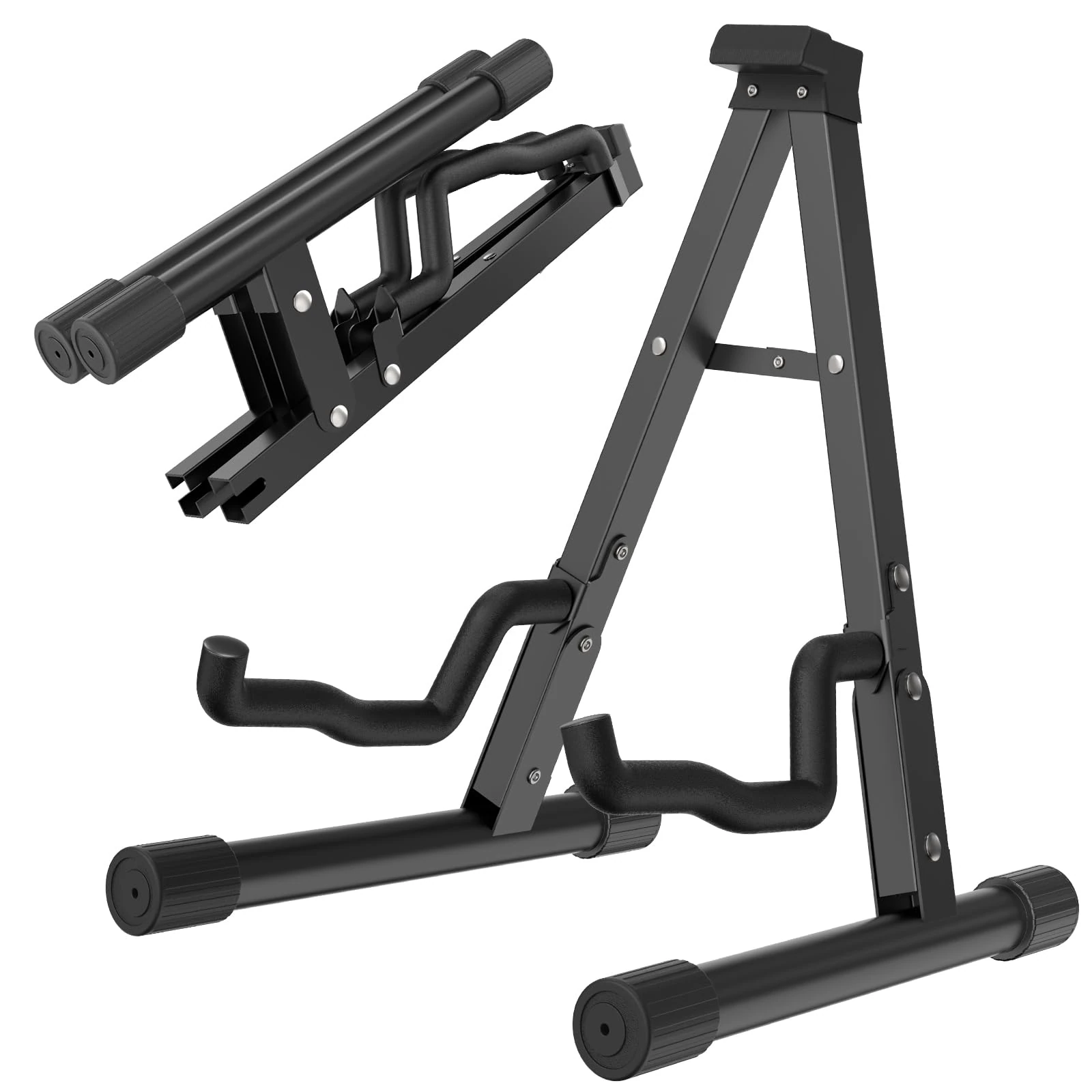GLEAM A-Frame Metal Folding Stand - Electric & Acoustic Guitars, Bass & Banjo - Non-Slip Rubber & Foam Arms - Black