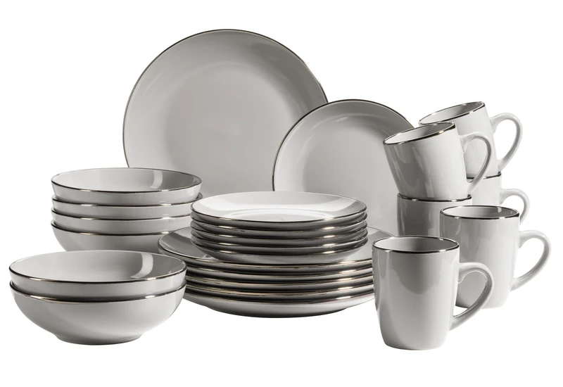 MÄSER 931628 Metallic Modern 6 People with Brass-Coloured Rim, 24-Piece Crockery Set with Rimless Coupe Shapes, Stoneware, Gray