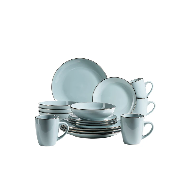 Mäser Crockery Set Stoneware Metallic Rim Blue 16 Pieces
