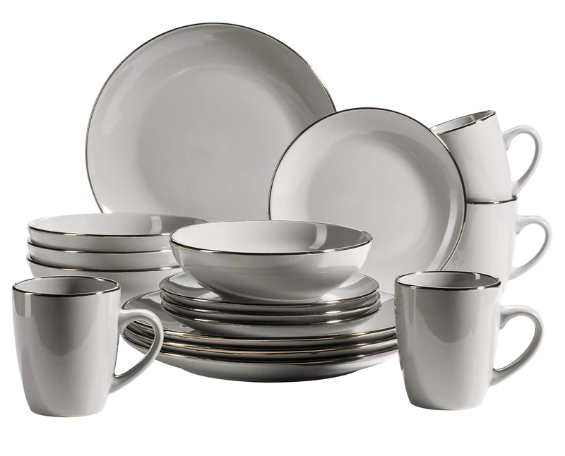 MÄSER Metallic Rim Modern Crockery Set for 4 People with Brass Trim, 16-Piece Crockery Set with Rimless Coupe Shapes, Stoneware, Grey