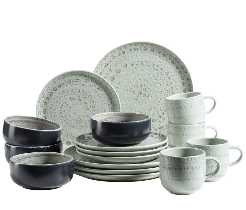 MÄSER 931744 Spicy Market Series Hand Painted Crockery Set for 4 People in Mediterranean Vintage Design, 16-Piece Ceramic Crockery Set, Green, Stoneware