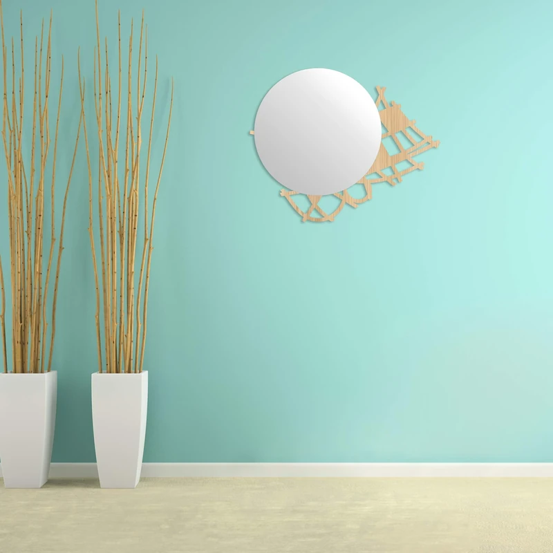 L:A:S Laser Art Style Modern Wall Mirror for Entrance and Bedroom W-397, Wood, Natural Wood, 75 x 60 cm