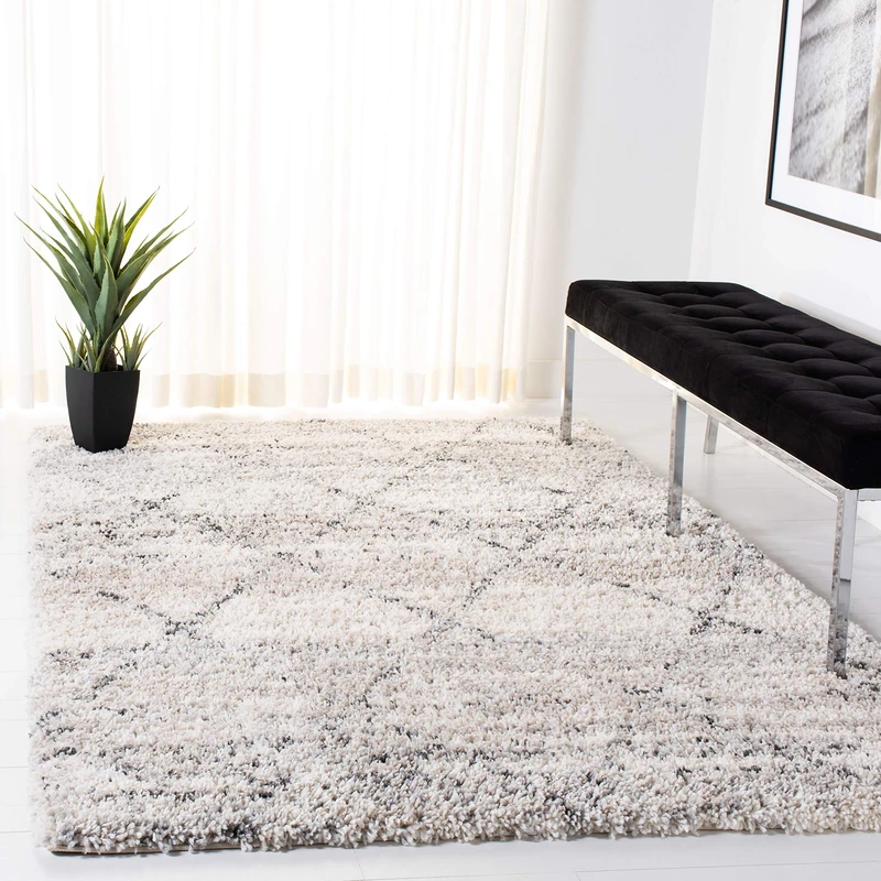 SAFAVIEH Shag Rug for Living Room, Dining Room, Bedroom - Fontana Shag Collection, Short Pile, in Grey and Ivory, 160 X 229 cm