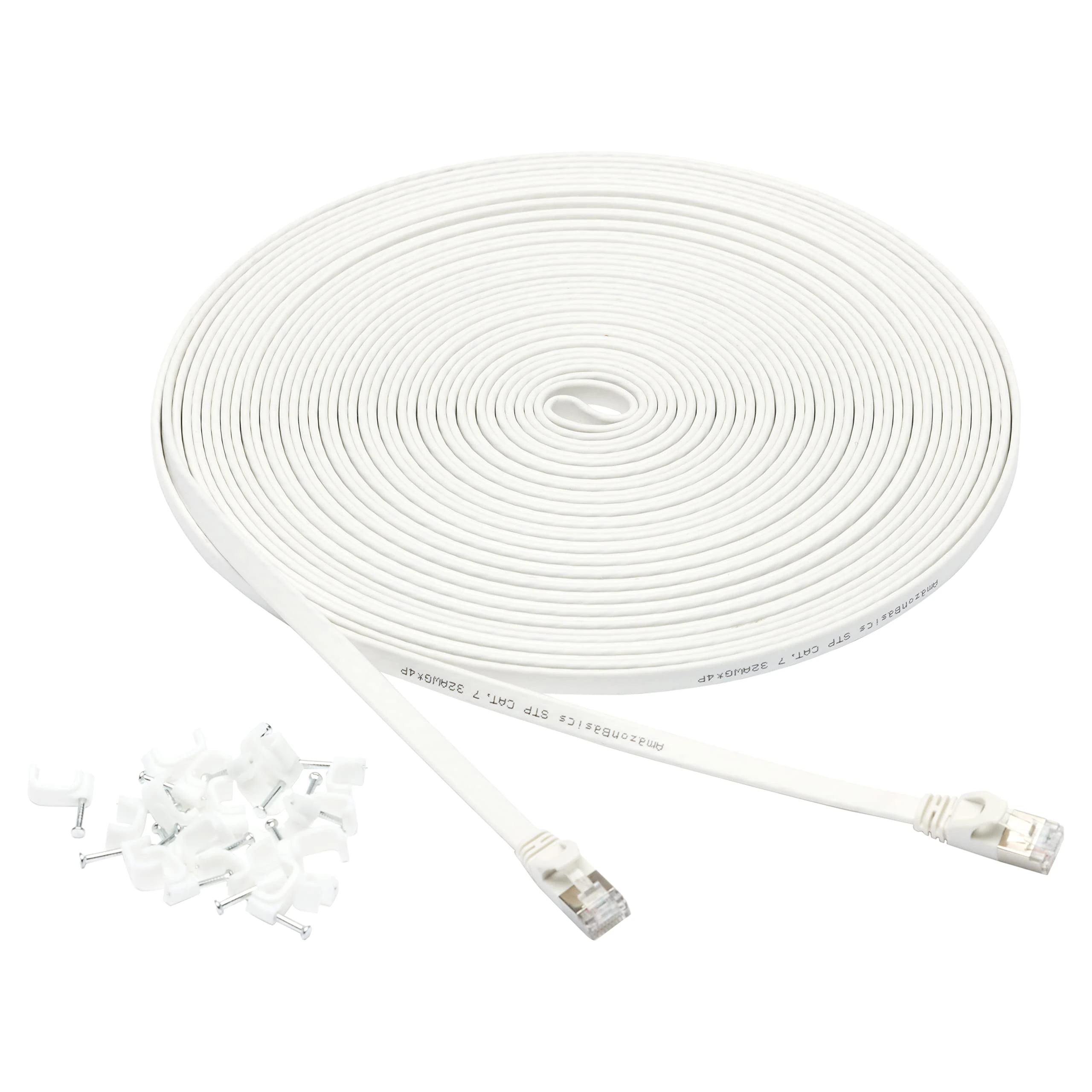 Amazon Basics Flat Cat 7 Ethernet Cable - 15.2 m, 600MHz, Shielded, Snagless, with Nails for Easy Installation, White
