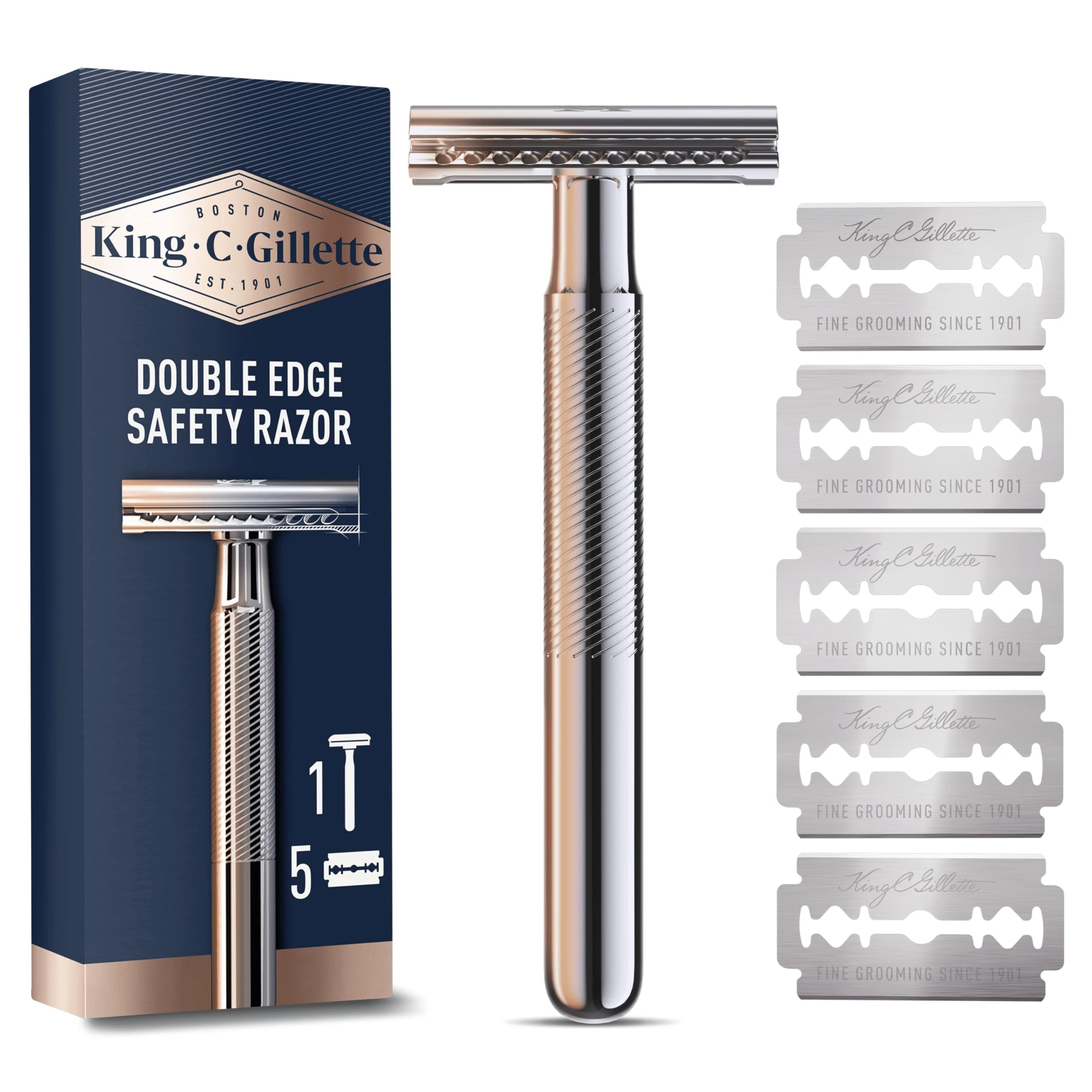 King C. Gillette Double Edge Safety Razor, Platinum Coated Blades, Classic Safety Razor for Smooth Shaving, Traditional Wet Shave Razor with 5 Replacement Blades for Men