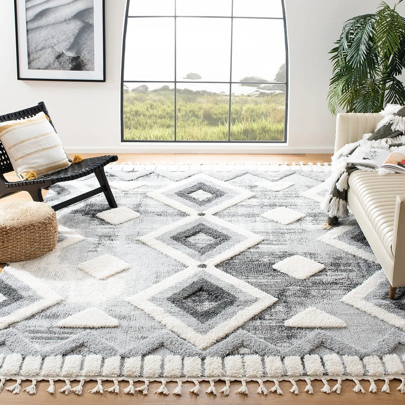 Safavieh Shaggy Indoor Woven Rectangle Area Rug, Moroccan Tassel Shag Collection, MTS656, in Grey/Ivory, 91 x 152 cm for Living Room, Bedroom or Any Indoor Space
