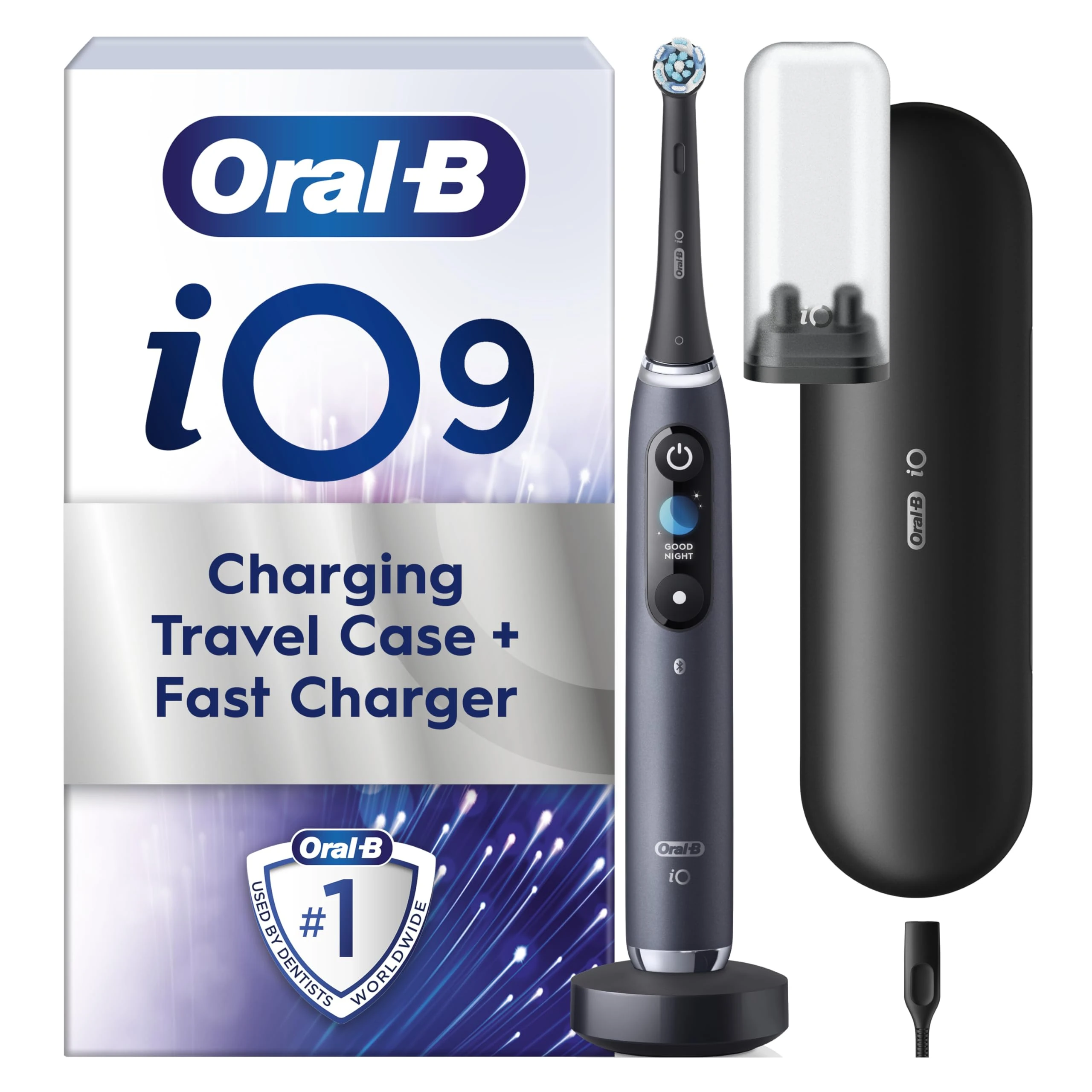 Oral-B iO9 Electric Toothbrushes For Adults, App Connected Handle, 1 Toothbrush Head & Charging Travel Case, 7 Modes with Teeth Whitening, 2 Pin UK Plug, Black