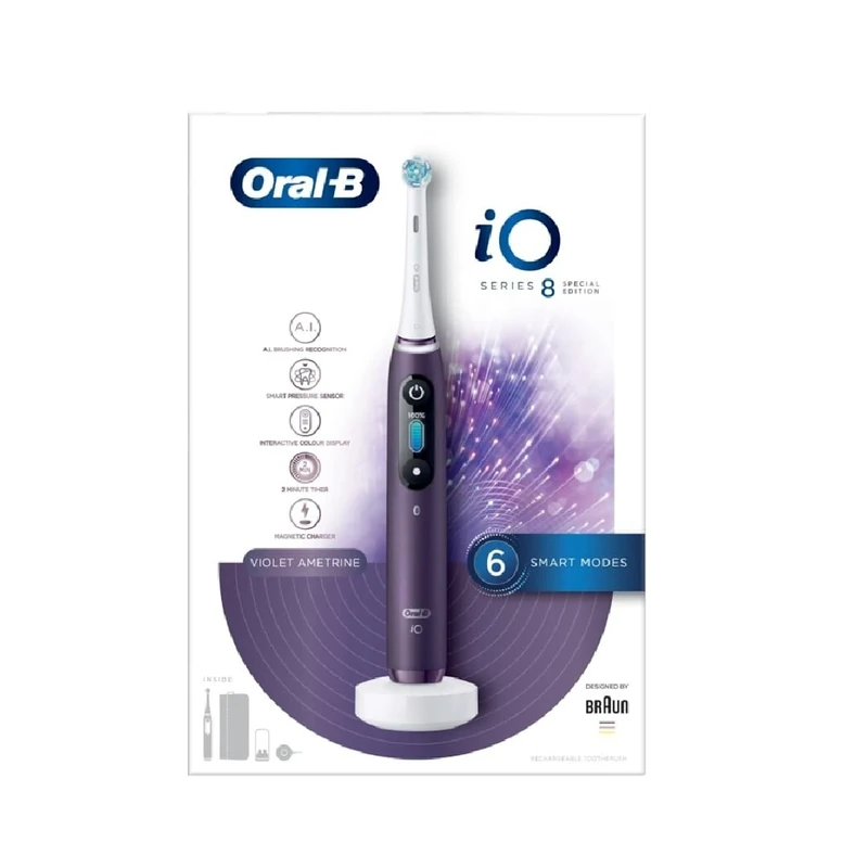 Oral-B iO8 Electric Toothbrushes For Adults, Oral B Electric Toothbrush, App Connected Handle, 1 Ultimate Clean Toothbrush Head & Magnetic Pouch, 6 Modes, Teeth Whitening, 2 Pin UK Plug