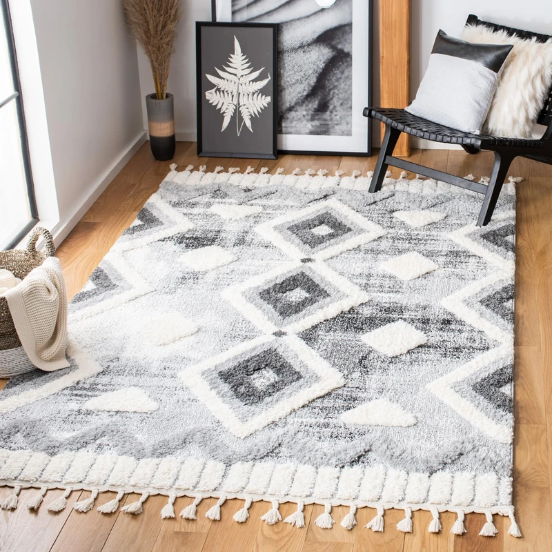 Safavieh Shaggy Indoor Woven Rectangle Area Rug, Moroccan Tassel Shag Collection, MTS656, in Grey/Ivory, 201 x 279 cm for Living Room, Bedroom or Any Indoor Space