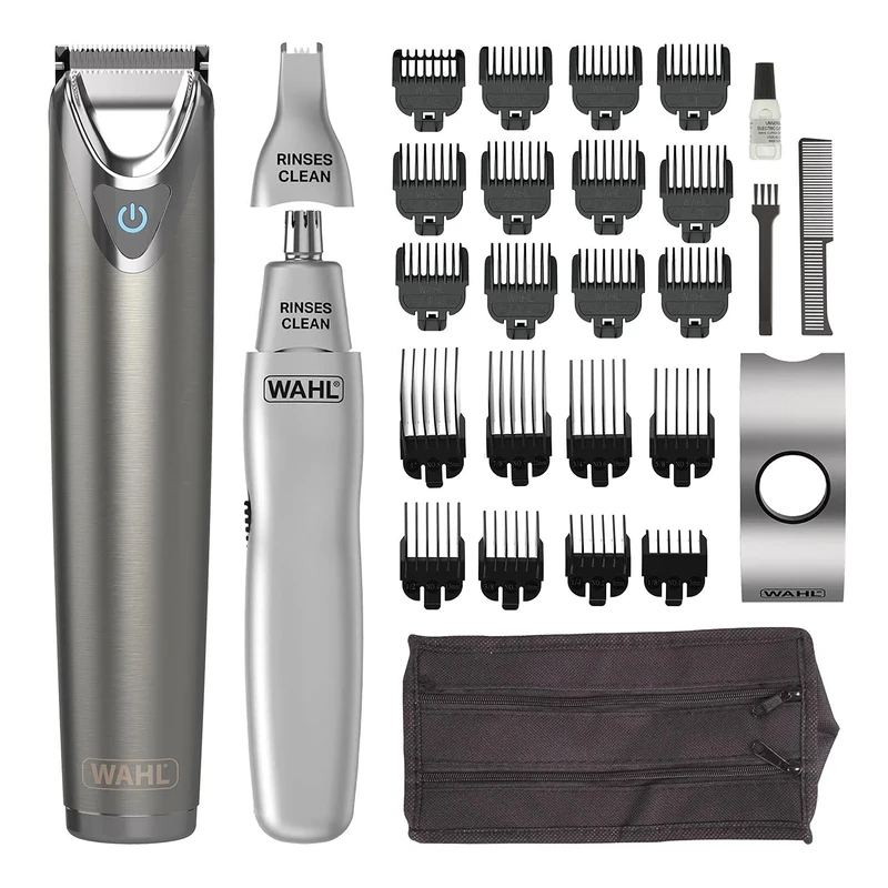 WAHL Stainless Steel Trimmer with Dual Head Ear and Nose Trimmer, 240 Minutes Cordless Run Time, Rinseable Features Hygienic Blades, Advanced Lithium Ion Technology