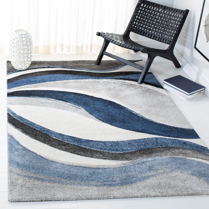Safavieh Modern Graphic Indoor Woven Rectangle Area Rug, Hollywood Collection, HLW766, in Grey/Blue, 160 X 229 cm for Living Room, Bedroom or Any Indoor Space