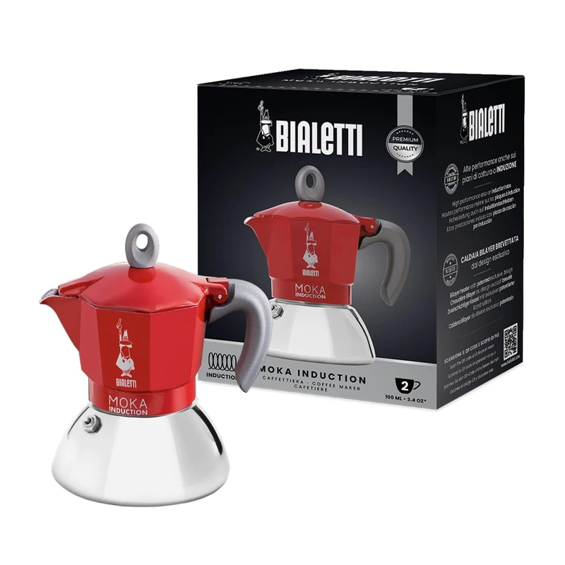 Bialetti New Moka Induction Induction Coffee Maker, 2 Cups, 100 milliliters, Aluminium, Red [Energy Class A+]