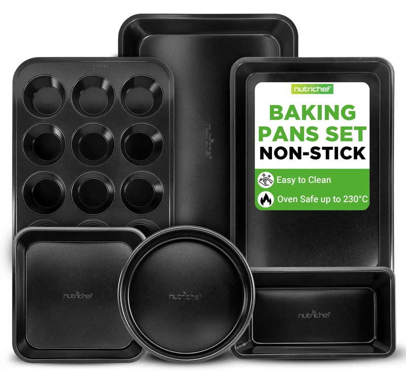 NutriChef Nonstick Baking Pans Set, 6-Piece Bakeware, Oven Trays, Cookie Sheets, Muffin and Loaf Pans, Dishwasher Safe, Black