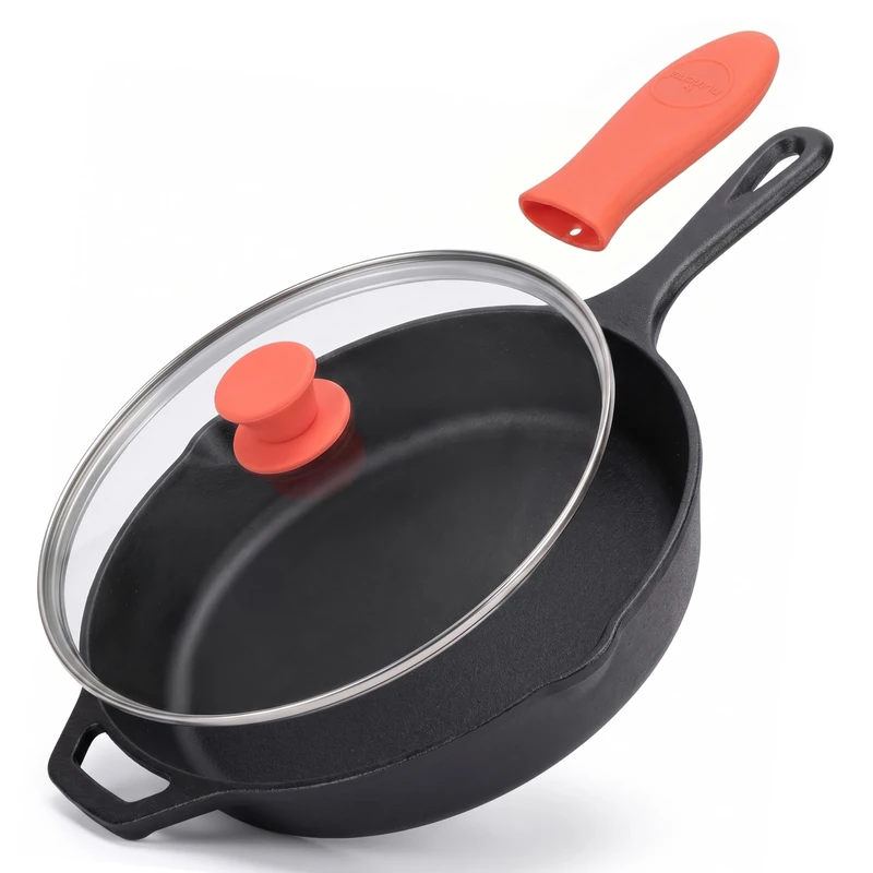 Nutrichef Cast Iron Skillet Pan 27cm w/Lid, Silicone Handle, Black