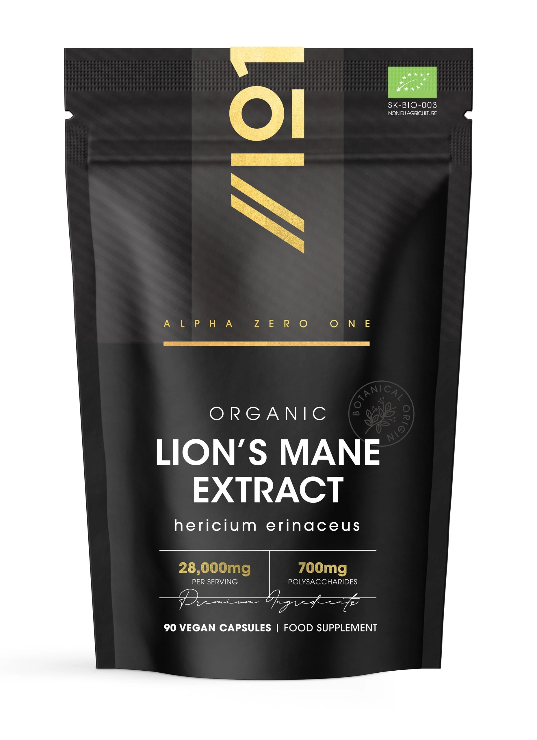 Organic Lions Mane Supplement 28,000mg – 50% Polysaccharides (700mg) – 90 Vegan Capsules – High Strength Mushroom Supplement – Resealable and Recyclable Pouch – by Alpha01