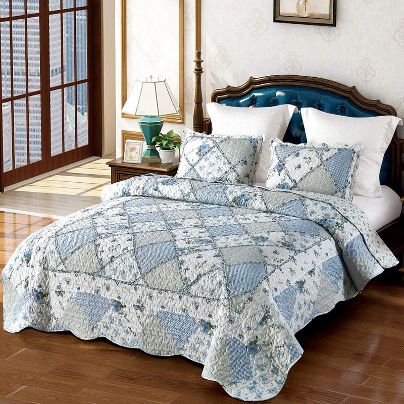 VIVILINEN Quilted Bedspread Coverlet Set 3-Piece Floral Patchwork Reversible Quilt Set for Full/Queen Size Bed Cover with Pillow Shams (Blue, Full/Queen Size (87" x 94"))