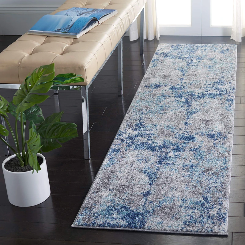 Safavieh Contemporary Rug for Living Room, Dining Room, Bedroom - Aston Collection, Short Pile, in Navy and Grey, 61 X 213 cm