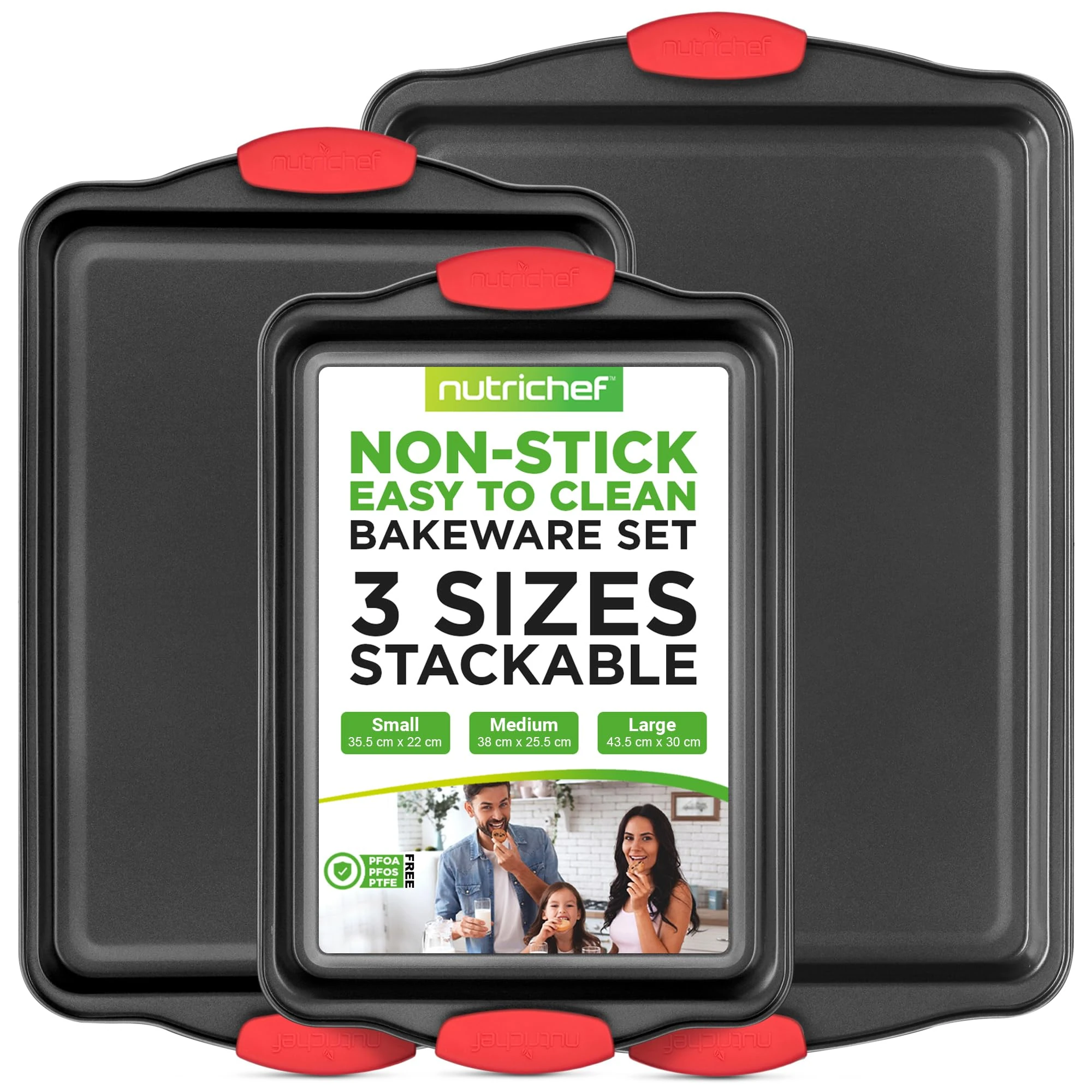NutriChef 3-Piece Nonstick Kitchen Oven Baking Pans - Premium & Stylish Non-Stick Steel, Commercial Grade Restaurant Quality Metal Bakeware with Red Silicone Handles - Easy to Clean