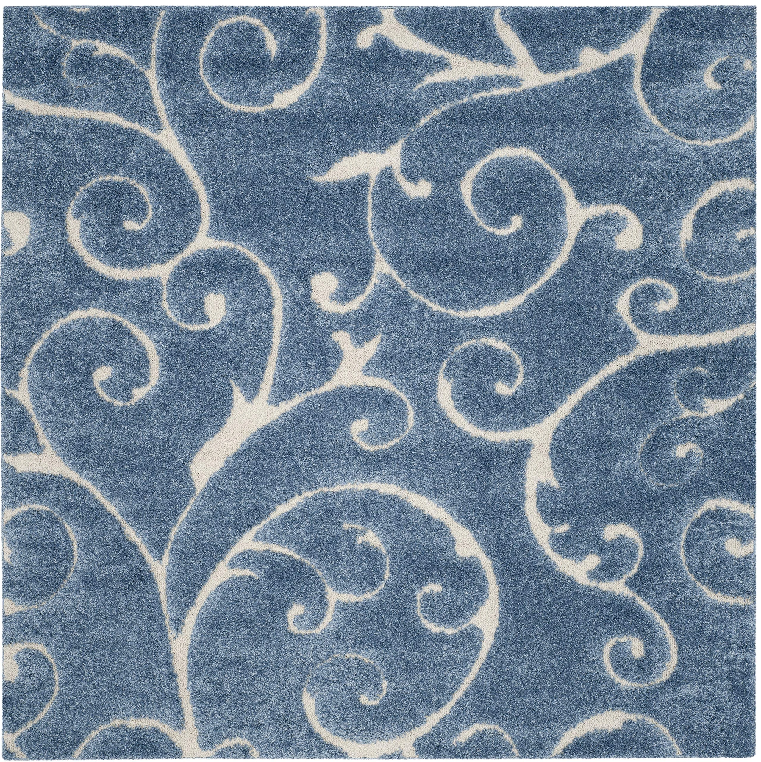 Safavieh Florida Shag Collection SG455-6011 Scrolling Vine Graceful Swirl Textured 1.18-inch Thick Area Rug, 9' Square, Light Blue/Cream