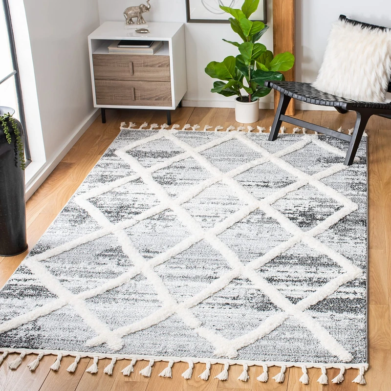 Safavieh Shaggy Indoor Woven Rectangle Area Rug, Moroccan Tassel Shag Collection, MTS674, in Grey/Ivory, 91 x 152 cm for Living Room, Bedroom or Any Indoor Space