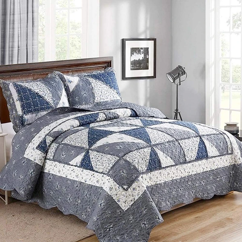 VIVILINEN Quilted Bedspread Coverlet Set 3-Piece Floral Patchwork Reversible Quilt Set for Full/Queen Size Bed Cover with Pillow Shams (Grey, Full/Queen Size (87" x 94"))